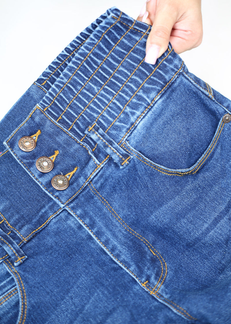 MX JEANS Butt Lift 3 Button Spandex Waist Straight Wide Leg Jeans Dark Blue