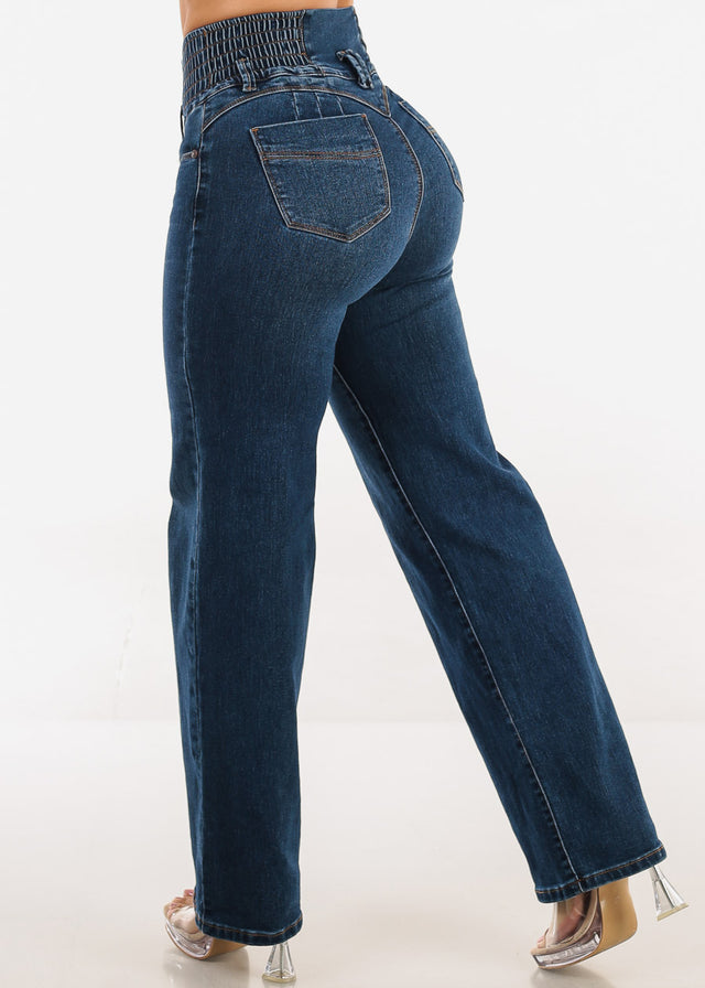 MX JEANS Butt Lift 3 Button Spandex Waist Straight Wide Leg Jeans Dark Blue
