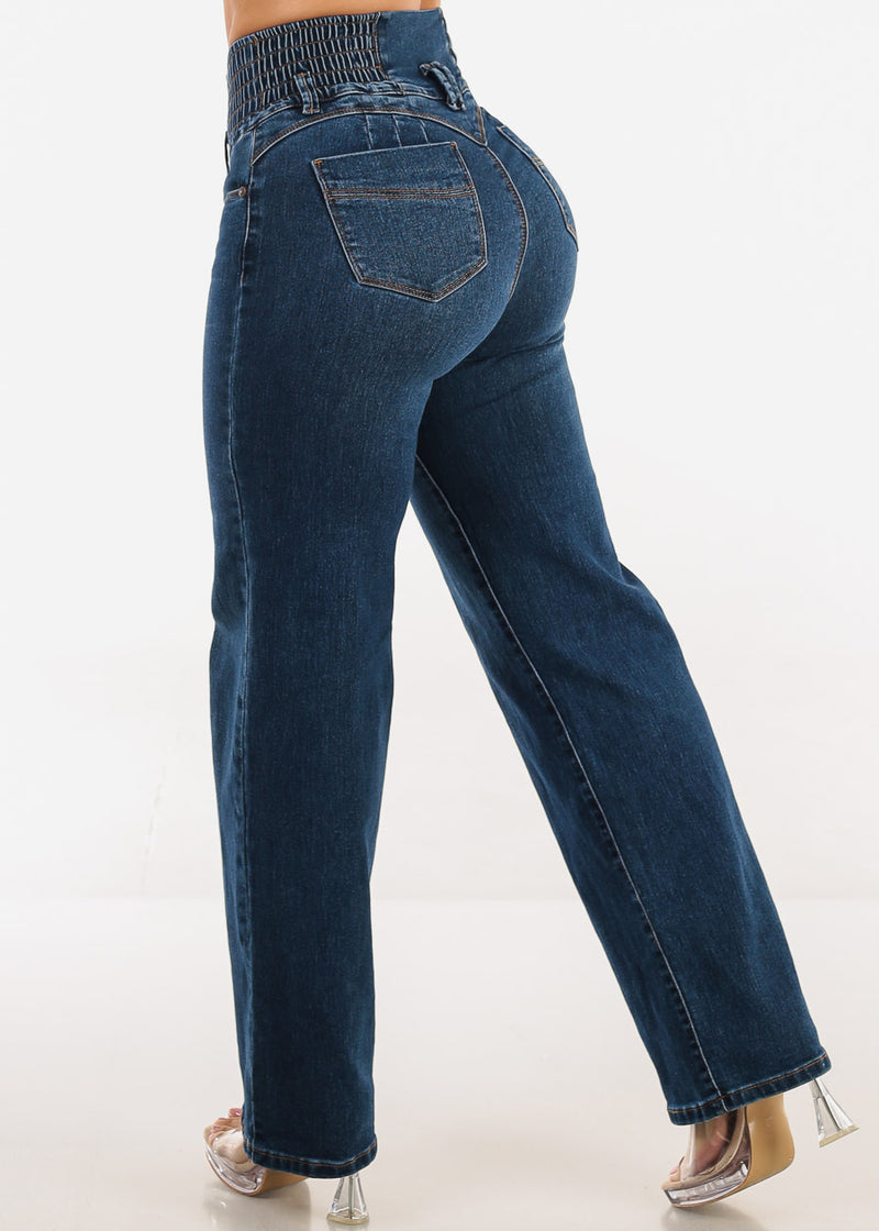 MX JEANS Butt Lift 3 Button Spandex Waist Straight Wide Leg Jeans Dark Blue
