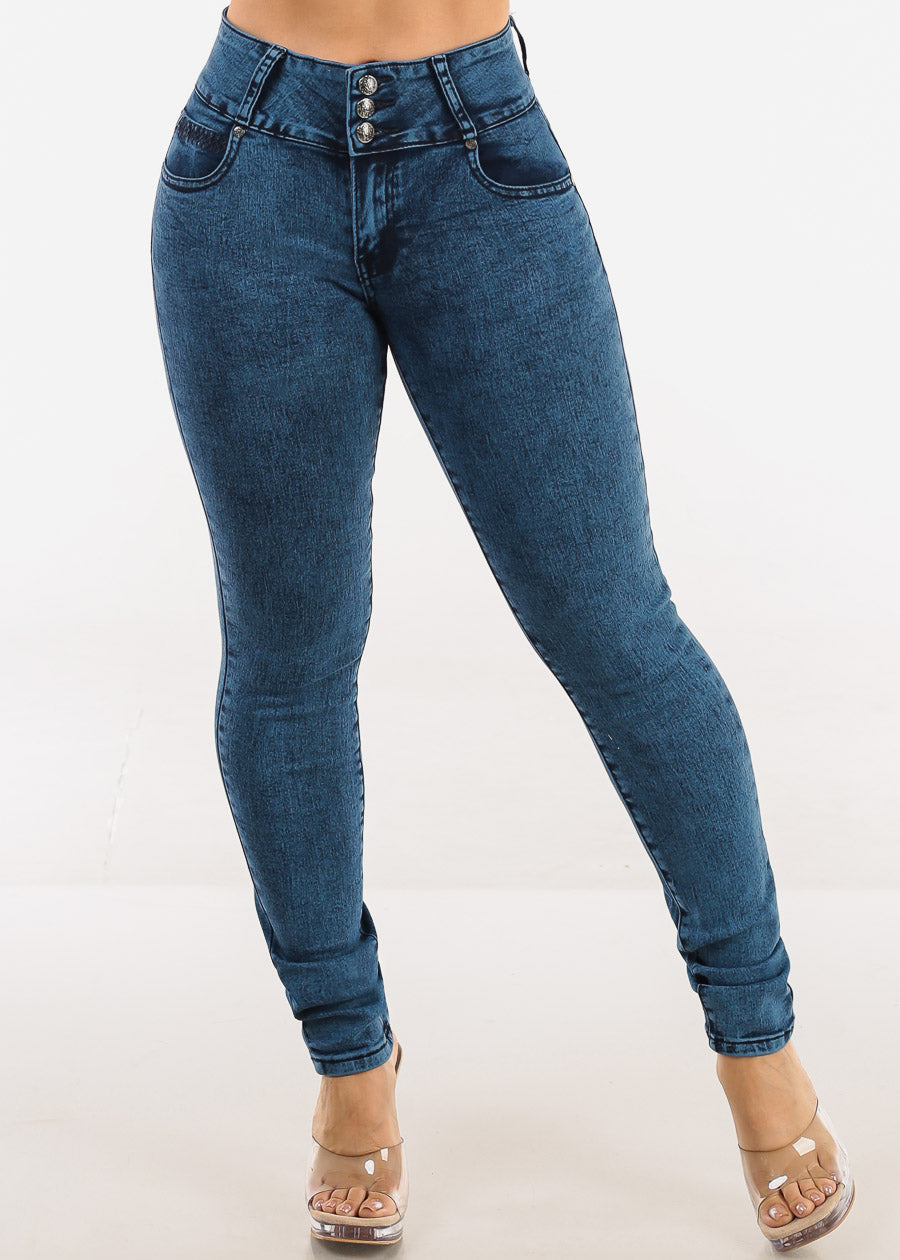 MX JEANS Mid Rise Levantacola Skinny Jeans Dark Acid Wash