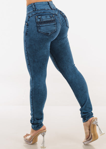 MX JEANS Mid Rise Levantacola Skinny Jeans Dark Acid Wash