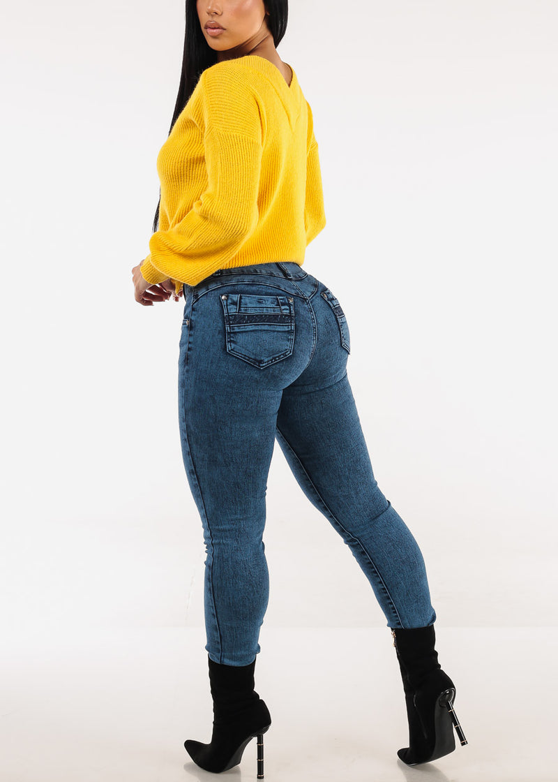 MX JEANS Mid Rise Levantacola Skinny Jeans Dark Acid Wash