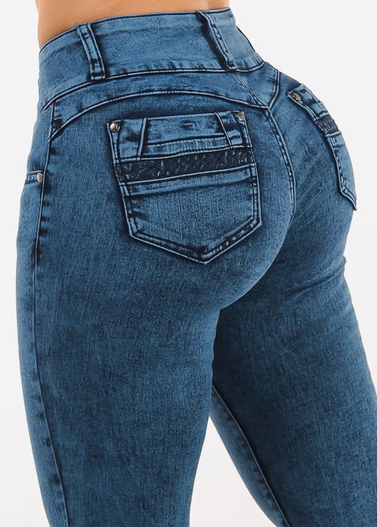 MX JEANS Mid Rise Levantacola Skinny Jeans Dark Acid Wash