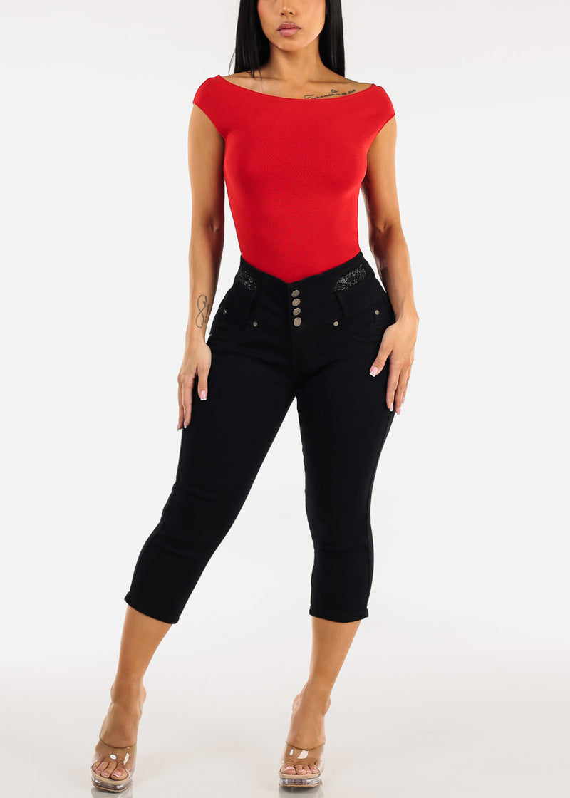 MX JEANS Embroidered Back Butt Lift Stretch Denim Capris Black