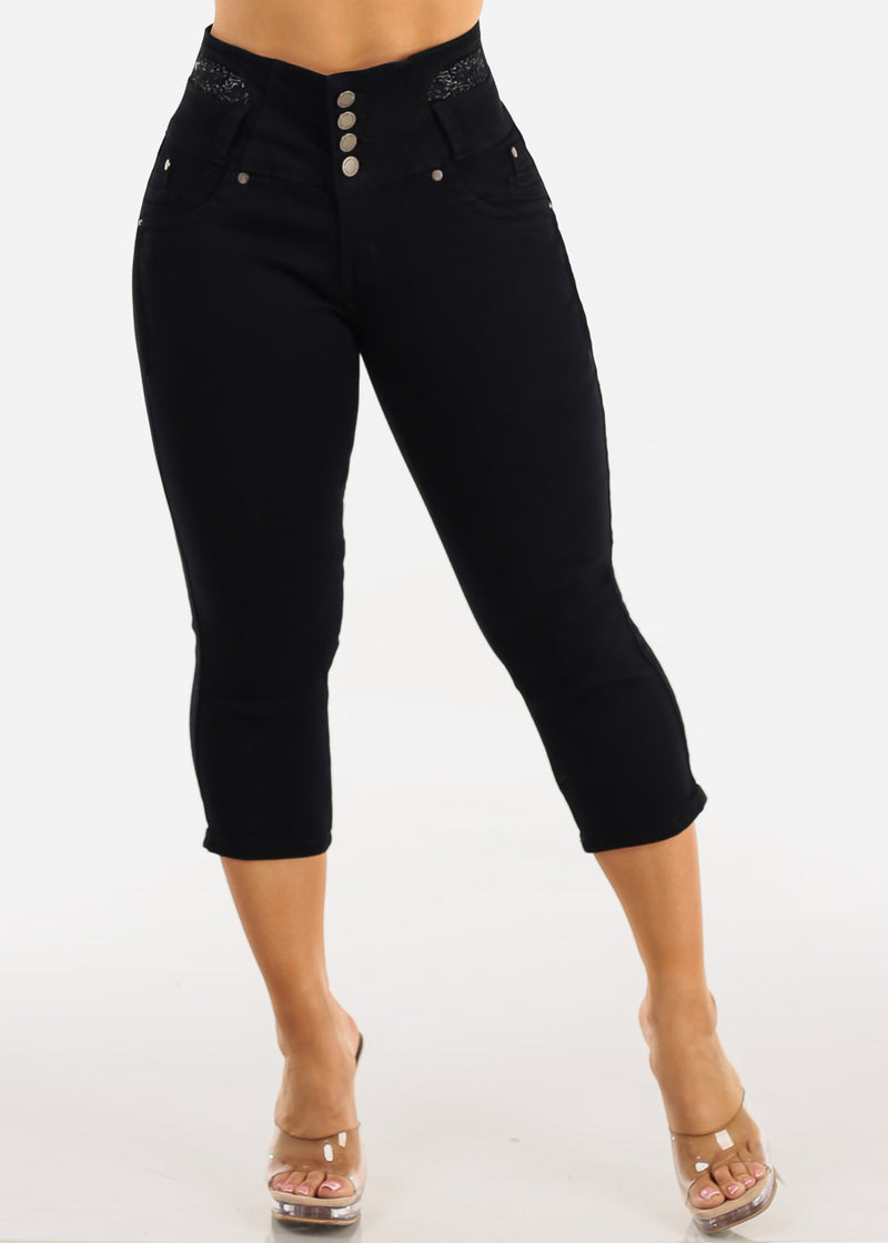MX JEANS Embroidered Back Butt Lift Stretch Denim Capris Black