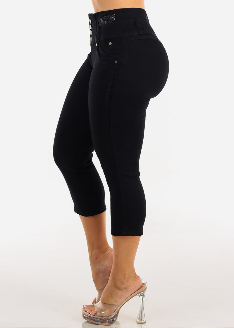 MX JEANS Embroidered Back Butt Lift Stretch Denim Capris Black