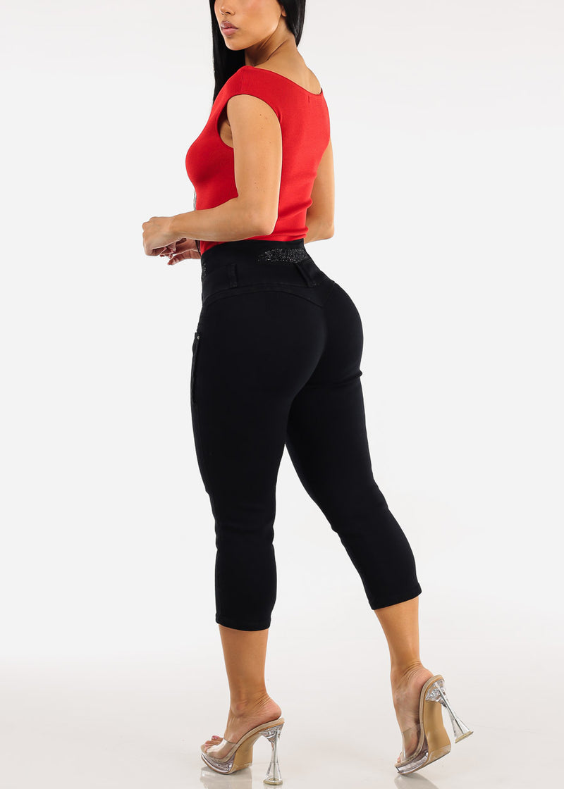 MX JEANS Embroidered Back Butt Lift Stretch Denim Capris Black