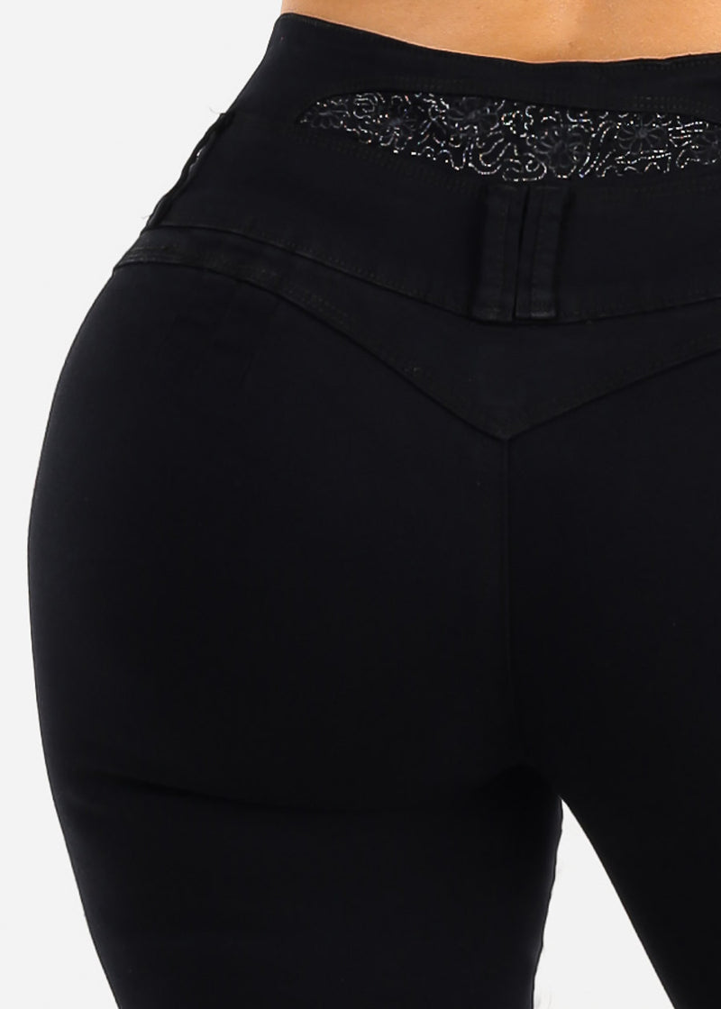 MX JEANS Embroidered Back Butt Lift Stretch Denim Capris Black