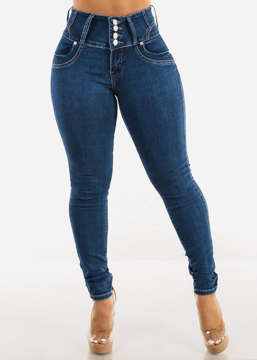 High Waist Butt Lift Skinny Jeans Dark Bleach Wash