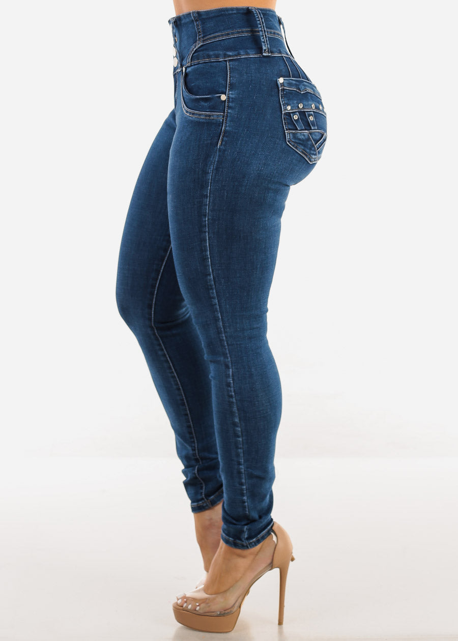 High Waist Butt Lift Skinny Jeans Dark Bleach Wash