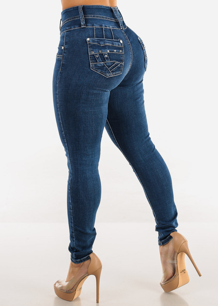 High Waist Butt Lift Skinny Jeans Dark Bleach Wash