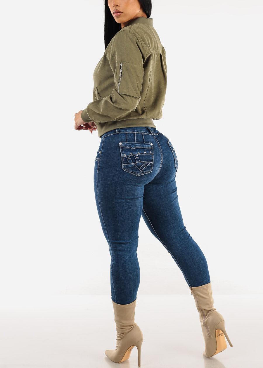 High Waist Butt Lift Skinny Jeans Dark Bleach Wash