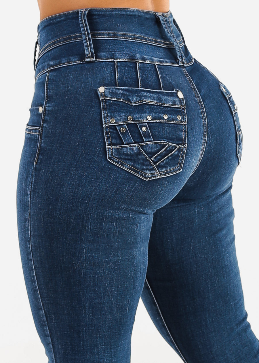 High Waist Butt Lift Skinny Jeans Dark Bleach Wash