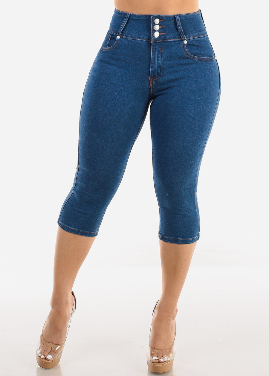 High Waisted Butt Lifting Indigo Denim Capris