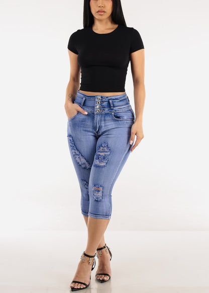 Levantacola Distressed Denim Capris Light Sand Wash