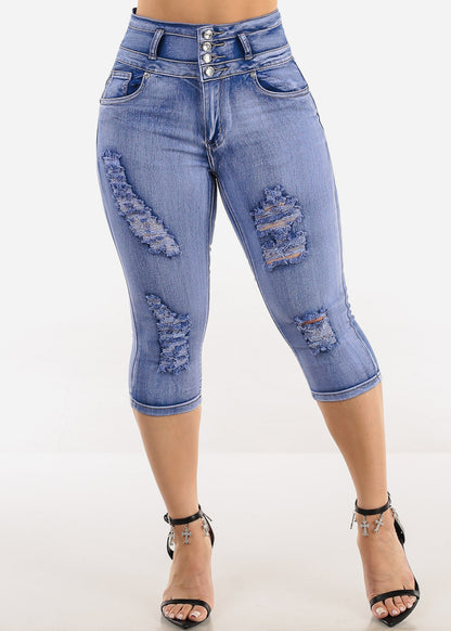 Levantacola Distressed Denim Capris Light Sand Wash