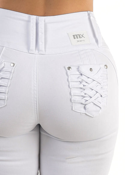 MX JEANS Braided Pocket Butt Lifting White Stretch Skinny Jeans