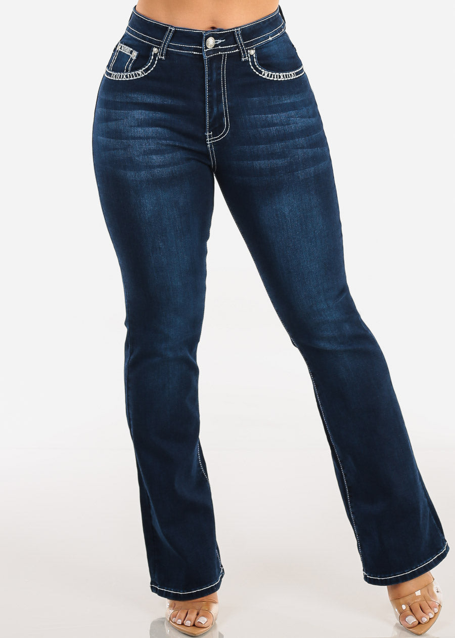 High Waist Stretch Dark Bootcut Jeans w Back Pocket Design
