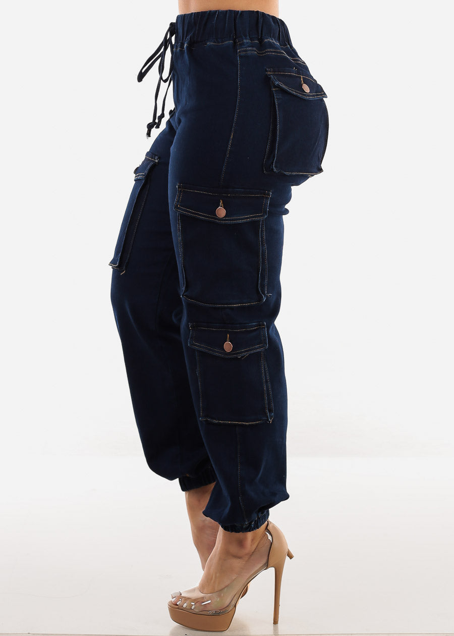 Drawstring Waist Cuffed Cargo Jogger Jeans Dark Blue