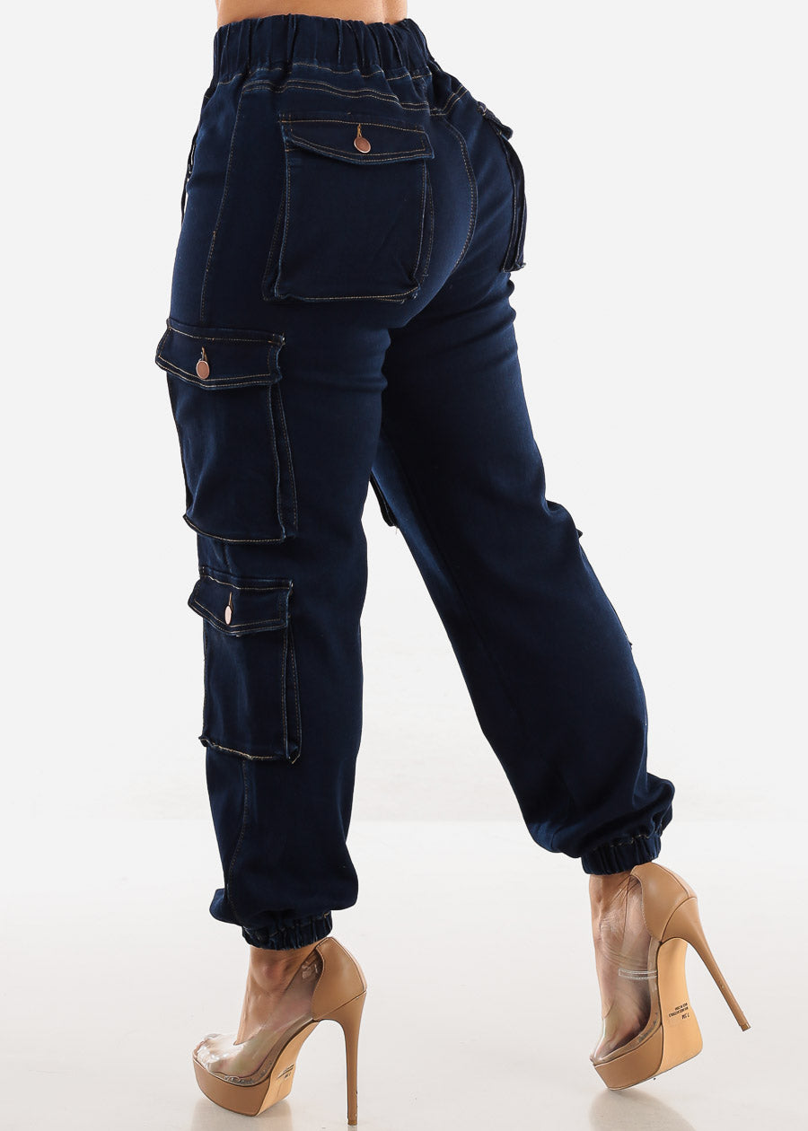 Drawstring Waist Cuffed Cargo Jogger Jeans Dark Blue