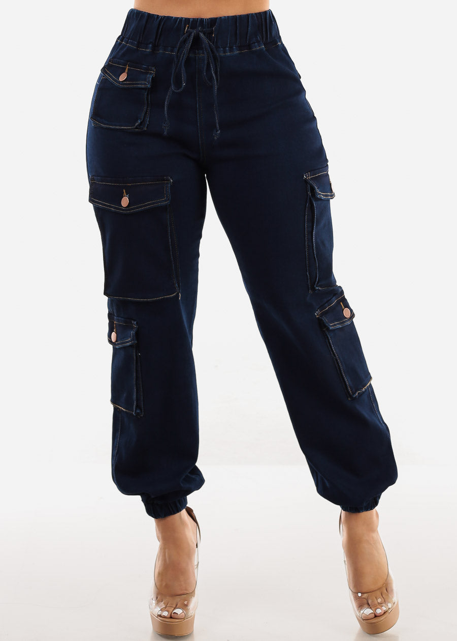 Drawstring Waist Cuffed Cargo Jogger Jeans Dark Blue