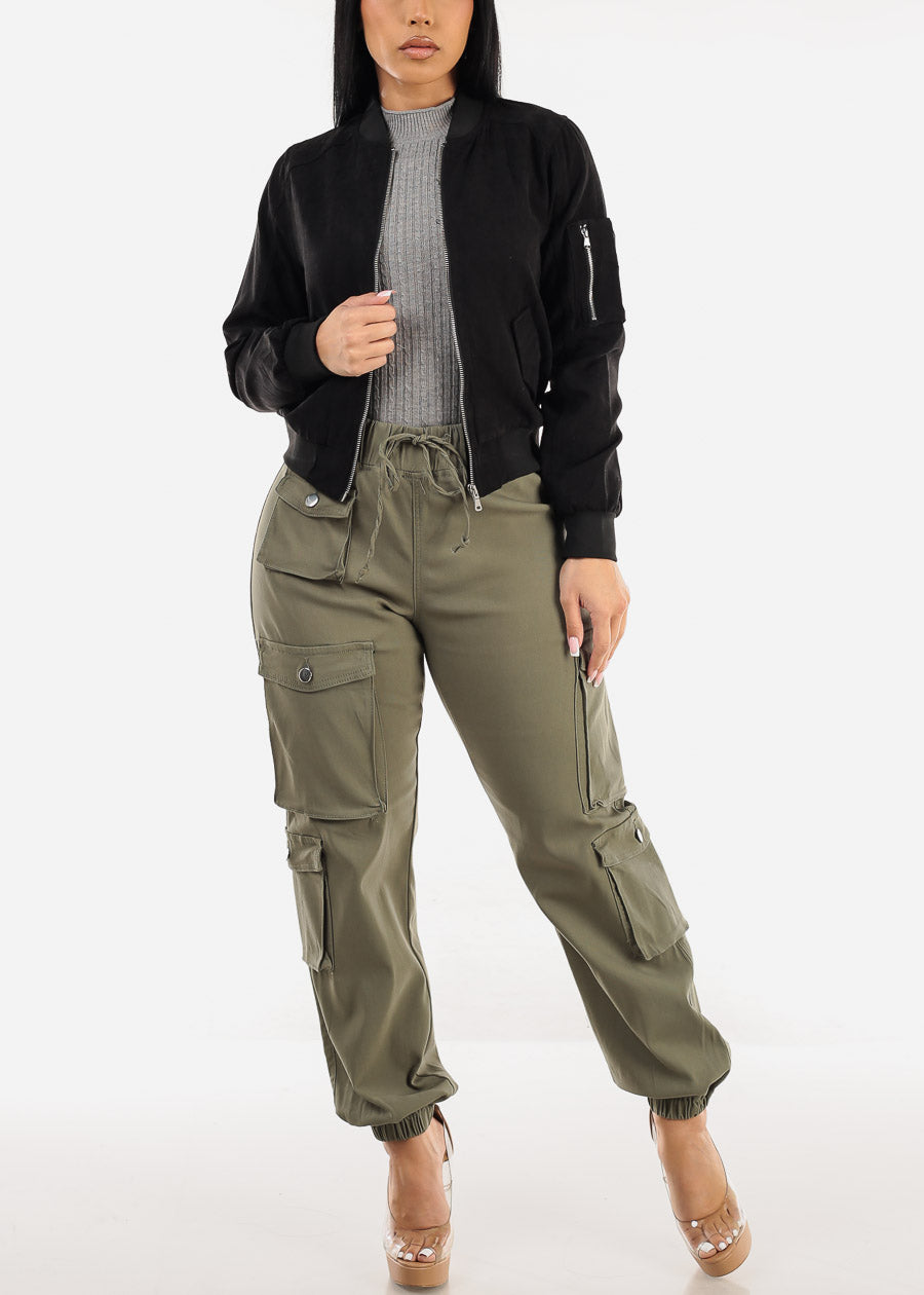 Drawstring Waist Hyper Stretch Cargo Jogger Pants Olive