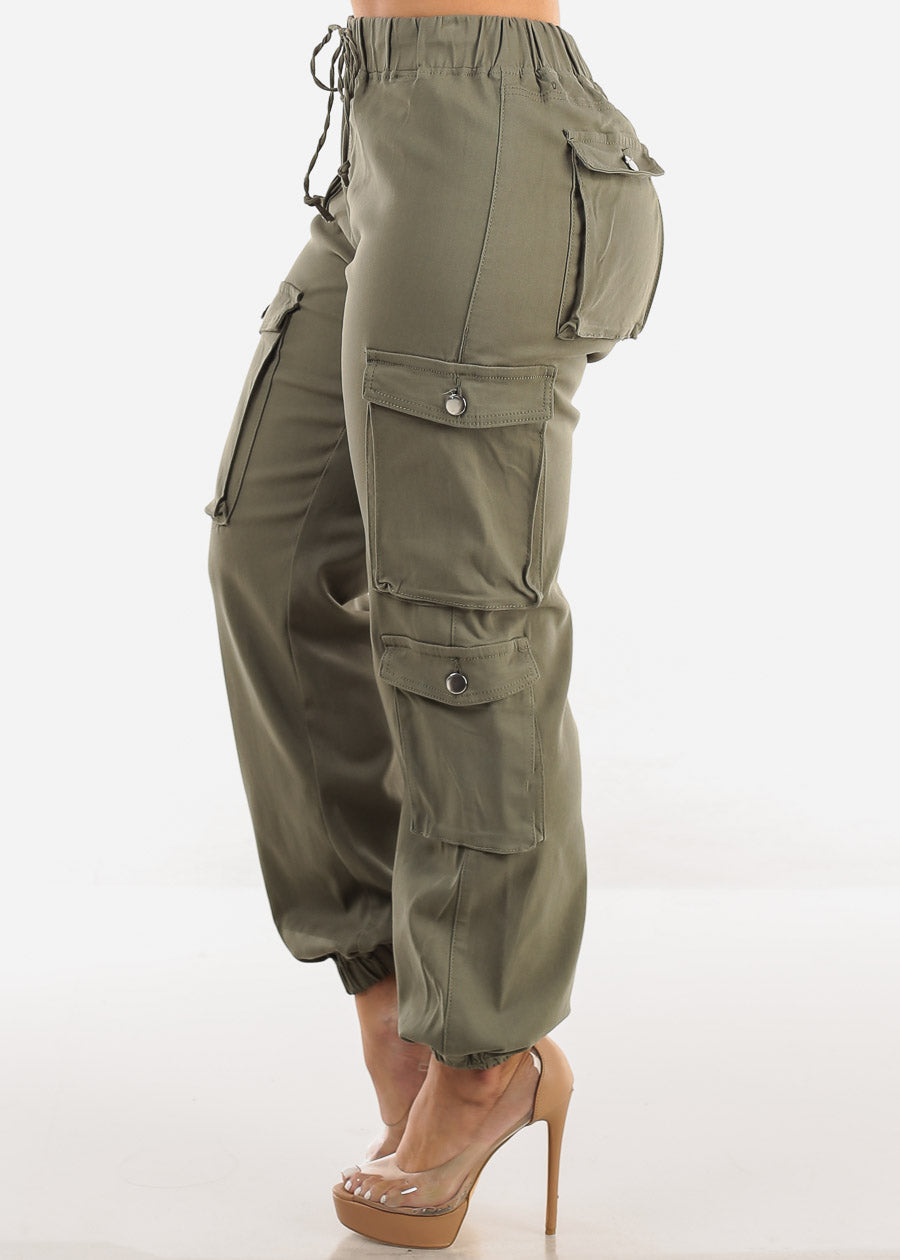 Drawstring Waist Hyper Stretch Cargo Jogger Pants Olive