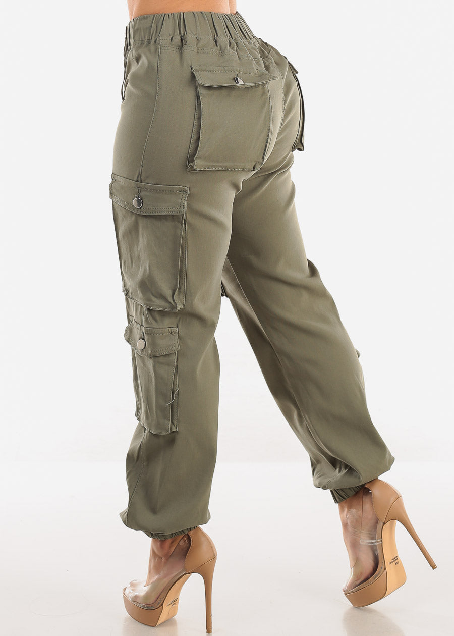 Drawstring Waist Hyper Stretch Cargo Jogger Pants Olive