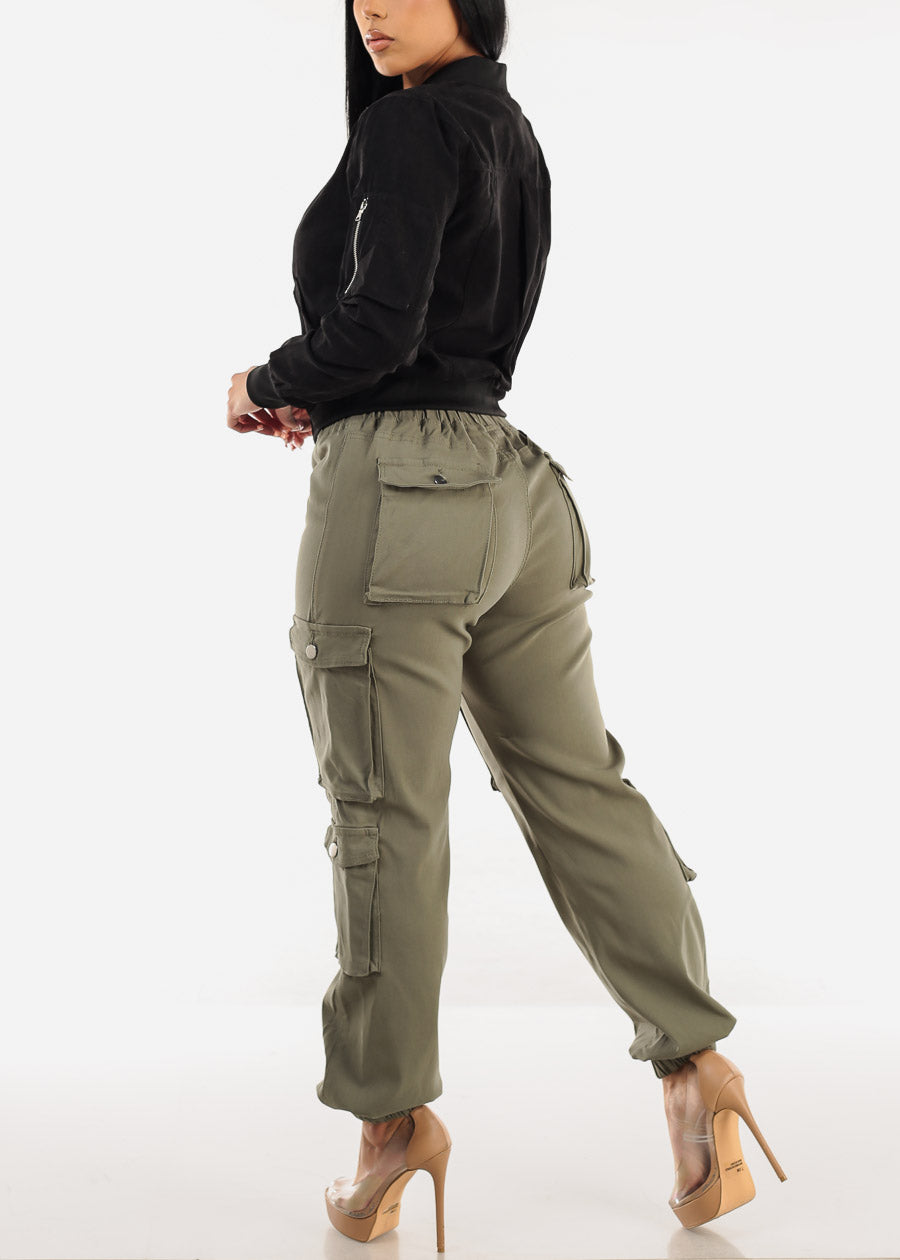 Drawstring Waist Hyper Stretch Cargo Jogger Pants Olive