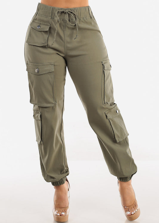 Drawstring Waist Hyper Stretch Cargo Jogger Pants Olive