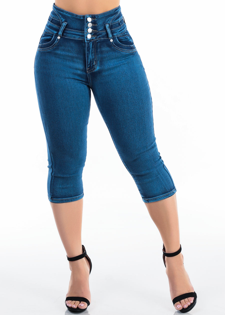 MX JEANS Super High Waisted Stretch Mid Sand Wash Denim Capris