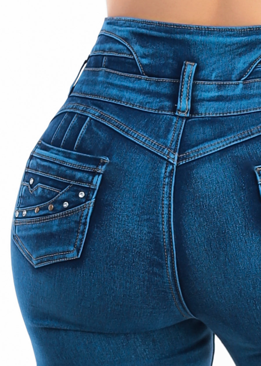 MX JEANS Super High Waisted Stretch Mid Sand Wash Denim Capris