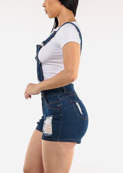 Butt Lift Sleeveless Ripped Denim Short Overalls Dark Wash
