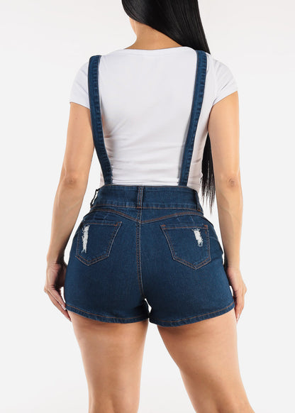 Butt Lift Sleeveless Ripped Denim Short Overalls Dark Wash