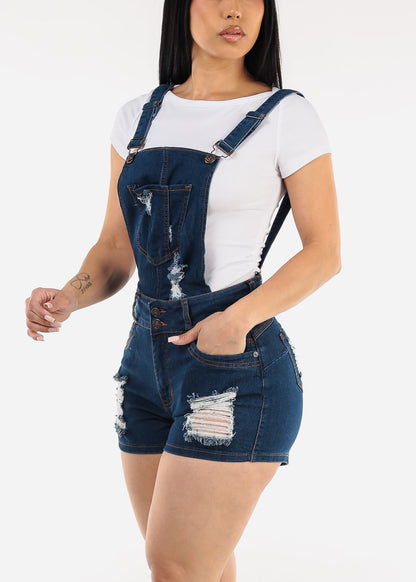 Butt Lift Sleeveless Ripped Denim Short Overalls Dark Wash