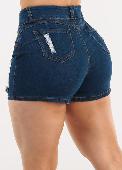 Butt Lift Sleeveless Ripped Denim Short Overalls Dark Wash