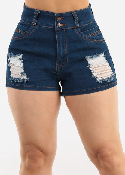 Butt Lift Sleeveless Ripped Denim Short Overalls Dark Wash