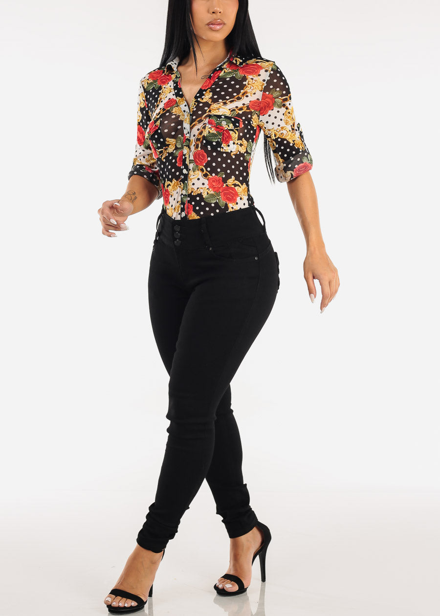 Butt Lift Mid Rise Chain Pocket Black Skinny Jeans