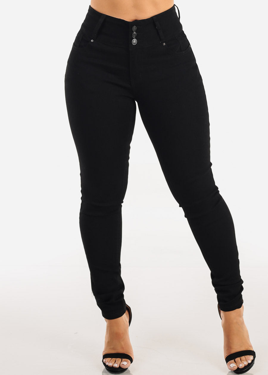 Butt Lift Mid Rise Chain Pocket Black Skinny Jeans