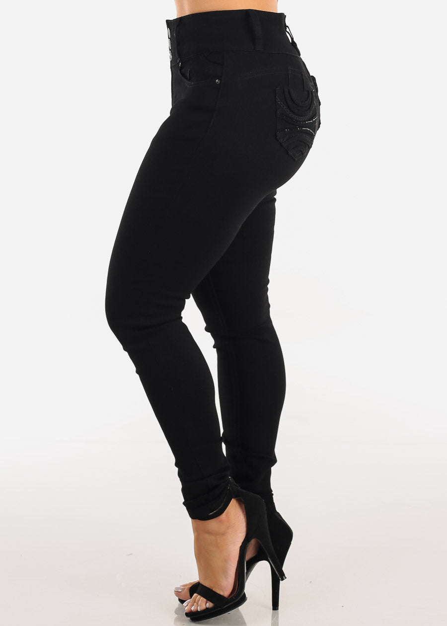 Butt Lift Mid Rise Chain Pocket Black Skinny Jeans