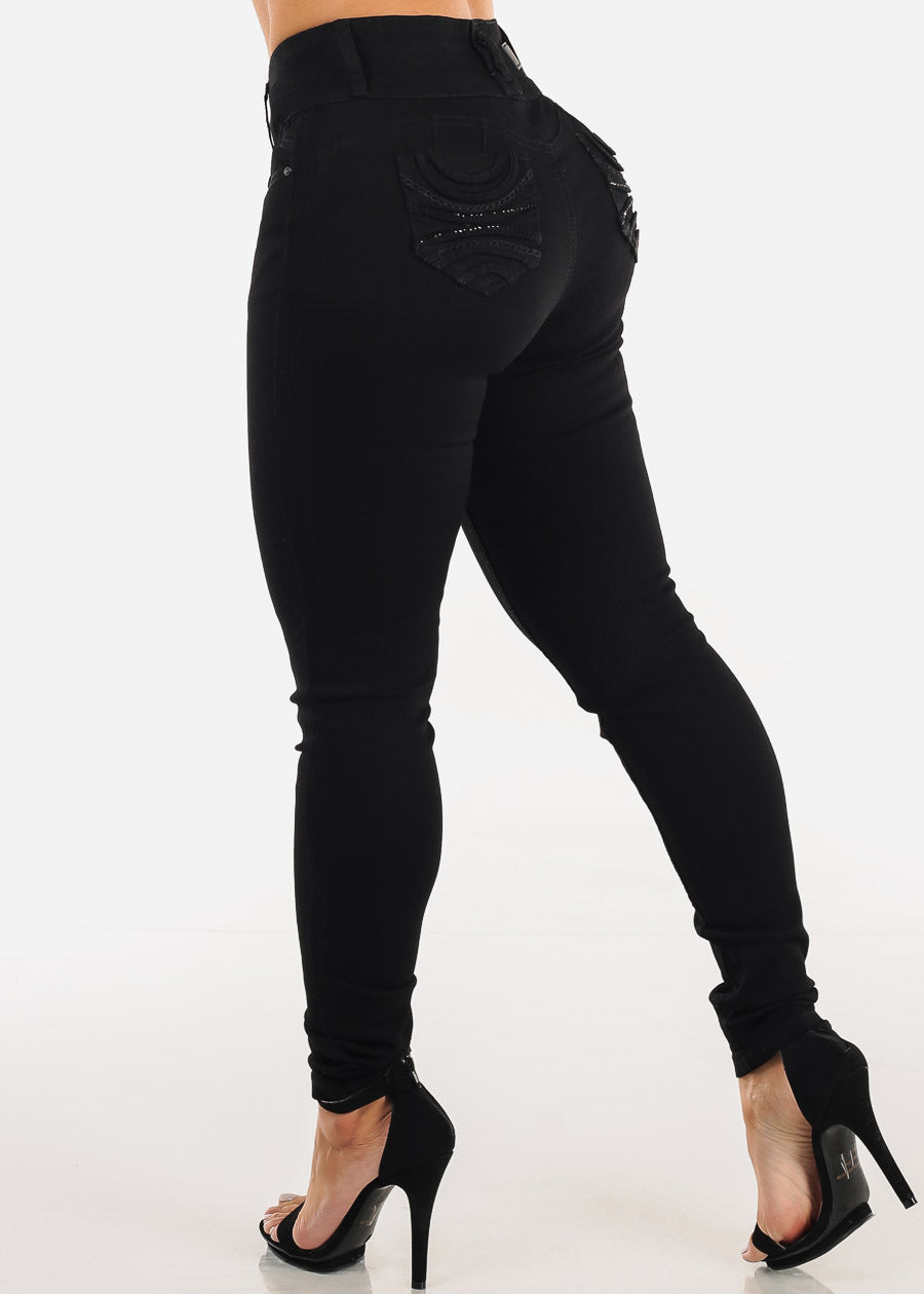 Butt Lift Mid Rise Chain Pocket Black Skinny Jeans
