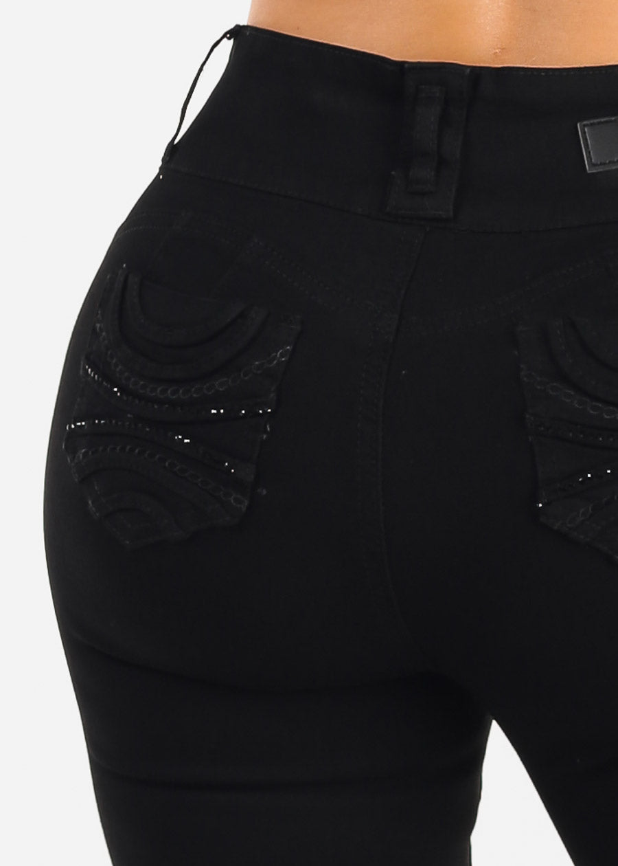 Butt Lift Mid Rise Chain Pocket Black Skinny Jeans
