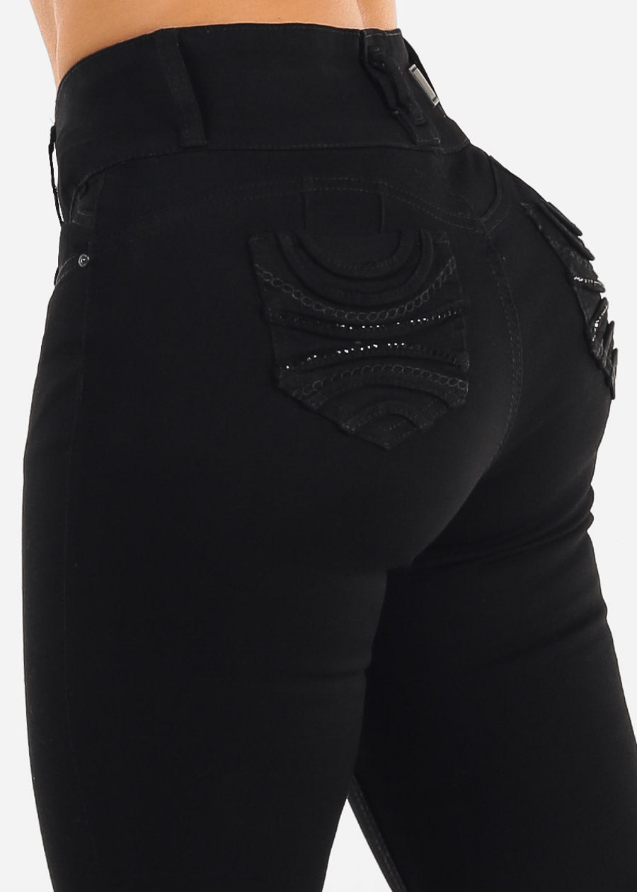 Butt Lift Mid Rise Chain Pocket Black Skinny Jeans