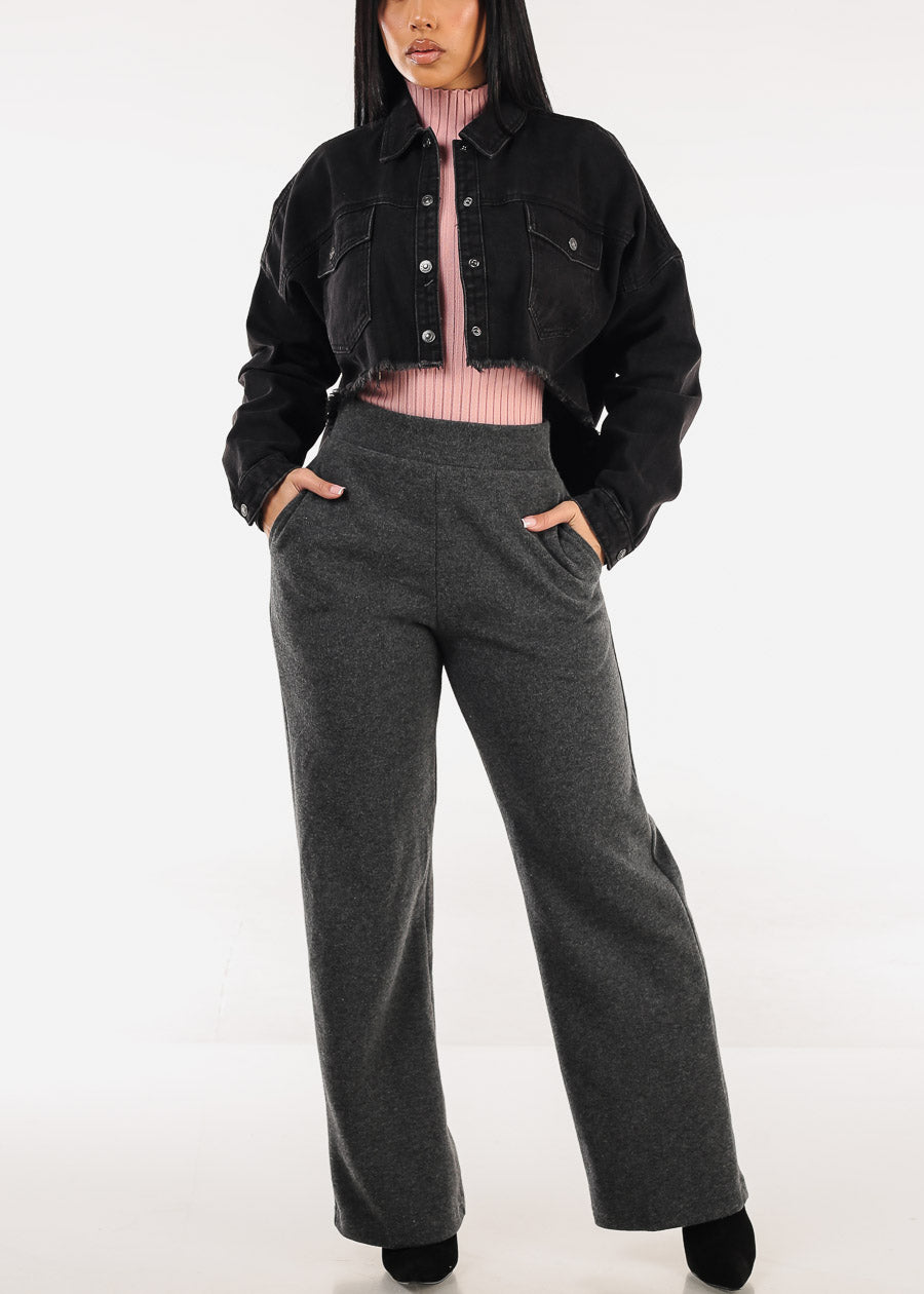 Long Sleeve Button Up High Low Crop Shacket Black Acid Wash