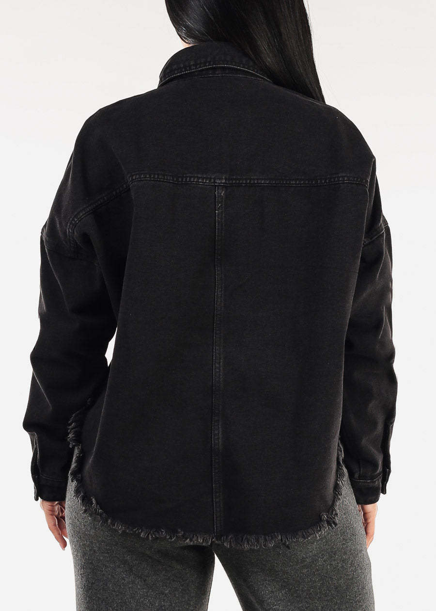 Long Sleeve Button Up High Low Crop Shacket Black Acid Wash