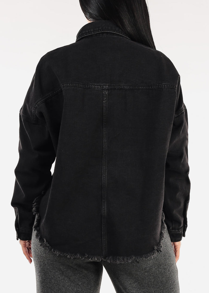 Long Sleeve Button Up High Low Crop Shacket Black Acid Wash