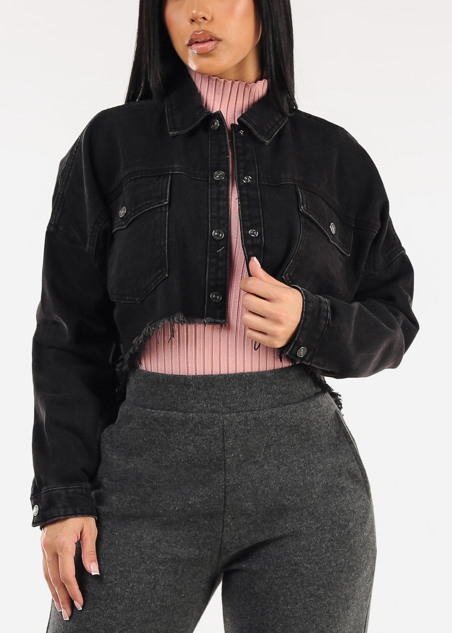 Long Sleeve Button Up High Low Crop Shacket Black Acid Wash