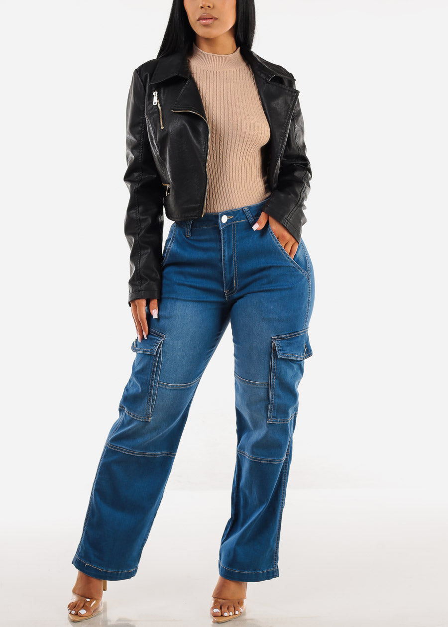 Mid Rise Straight Wide Leg Cargo Jeans Med Blue