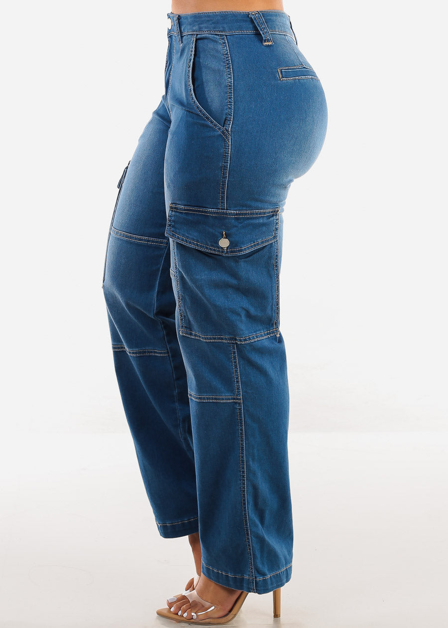 Mid Rise Straight Wide Leg Cargo Jeans Med Blue