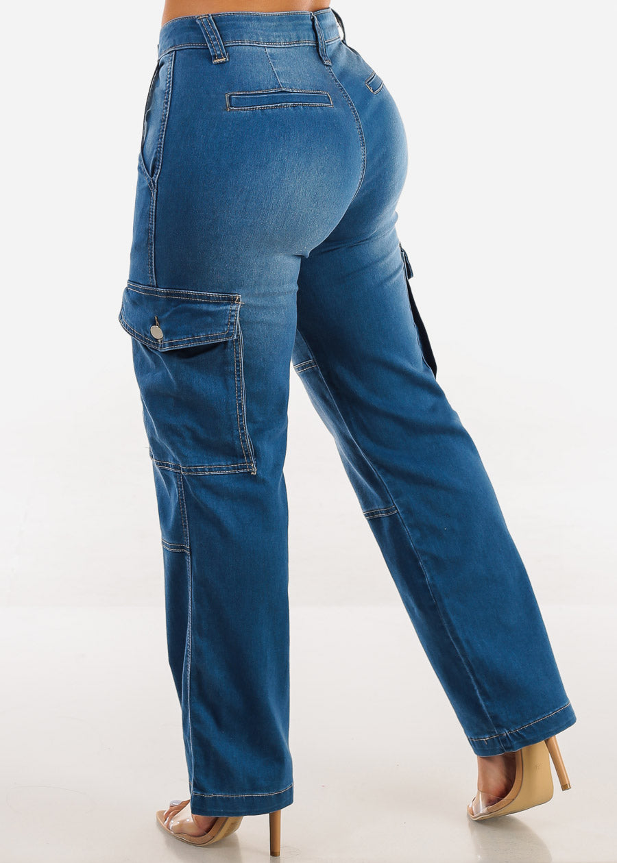 Mid Rise Straight Wide Leg Cargo Jeans Med Blue